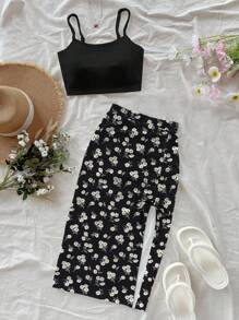 Soleia Women Vacation 2 Pieces Set: Cute Daisy Floral Print Slim Fit Cami Top And High Slit Drawstring Waist Skirt, Elegant Casual Outfit For Beach, Travel, Afternoon Tea, Spring/Summer Vacation, Music Festival, Boho Style Floral Two Pieces Set Flower Two Pieces Set Daisy Two Pieces Set Two Pieces Skirt Set Black Two Pieces Set Summer Two Pieces Set Suitable For Going Out