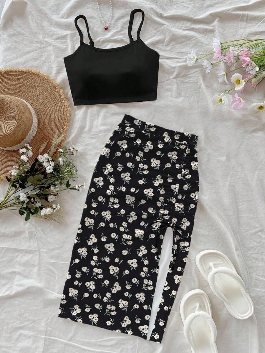 Soleia Women Vacation 2 Pieces Set: Cute Daisy Floral Print Slim Fit Cami Top And High Slit Drawstring Waist Skirt, Elegant Casual Outfit For Beach, Travel, Afternoon Tea, Spring/Summer Vacation, Music Festival, Boho Style Floral Two Pieces Set Flower Two Pieces Set Daisy Two Pieces Set Two Pieces Skirt Set Black Two Pieces Set Summer Two Pieces Set Suitable For Going Out