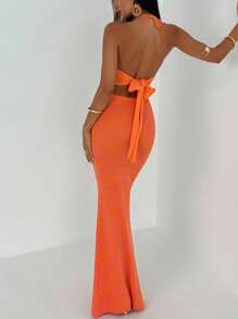 Aloruh 女士夏季度假海滩性感露背串珠花卉针织橙色吊带上衣 + 加长针织花卉图案短裙 2 件套秋冬性感女装 - 橘色 - 查看 2