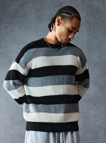 ROMWE MEN Street Life Men's Striped Crew Neck Drop Shoulder Casual Sweater