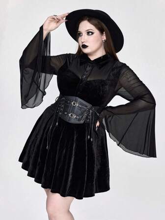 Goth Plus Size Gothic Vintage Velvet & Mesh Patchwork A-Line Bell Sleeve Dress