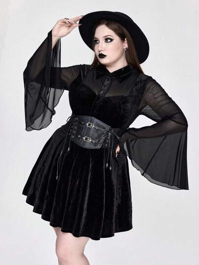 Goth Vestido de manga campana de talla grande con terciopelo vintage gótico y parches de malla