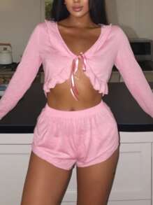 EasyFave Pink Lounge Set With V-Neck Tie Detail Top And Mini Shorts For Casual Comfort, Fall Winter Clothes, Cozy Outfits - Pink - View 3