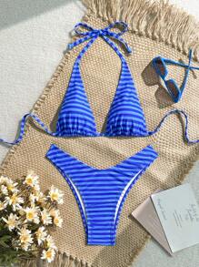 Swim Mod Striped Bikini Set For Beach Vacation For Summer - Multicolor - View 3
