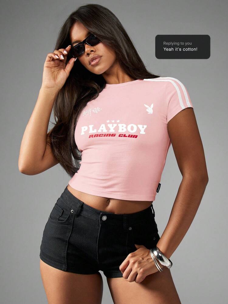 Missguided x Playboy Racing Club Graphic Baby Tee Crop Top Short Sleeve Retro Design Sport Streetwear Fitted Summer Festival Racing Inspired Casual Wear