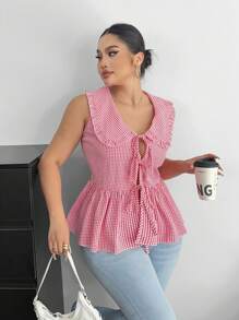 Flirla Plus Size Plaid Peter Pan Collar Open Front Belted Splice Ruched Sleeveless Shirt - Multicolor - View 3