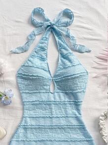 Soleia 全新度假红色针织条纹露背迷你连衣裙 - 淺藍色 - 查看 5