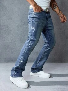 ROMWE MEN Street Life Men's Rhinestone Embellished Pocket Flared Casual Jeans - Blue - View 6