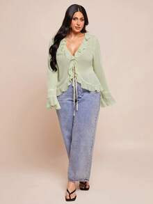 SHEIN BAE Bluză elegantă din șifon pentru femei, mărime plus, de primăvară timpurie, cu tiv cu volane, mânecă lungă, potrivită pentru întâlniri romantice, ieșiri cu prietenii, activități de vacanță și ieșiri elegante de zi cu zi.