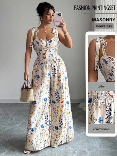 Elenzga Conjunto de 2 piezas de mujer talla grande con diseño de tirantes finos y espalda descubierta + pantalones de pierna ancha con cordón en la cintura