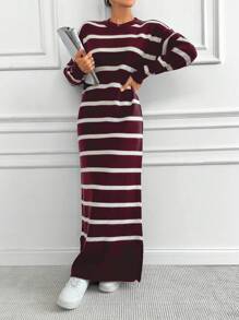 EURMUSE Striped Contrast Color Loose Knit Sweater Dress - Burgundy - View 3
