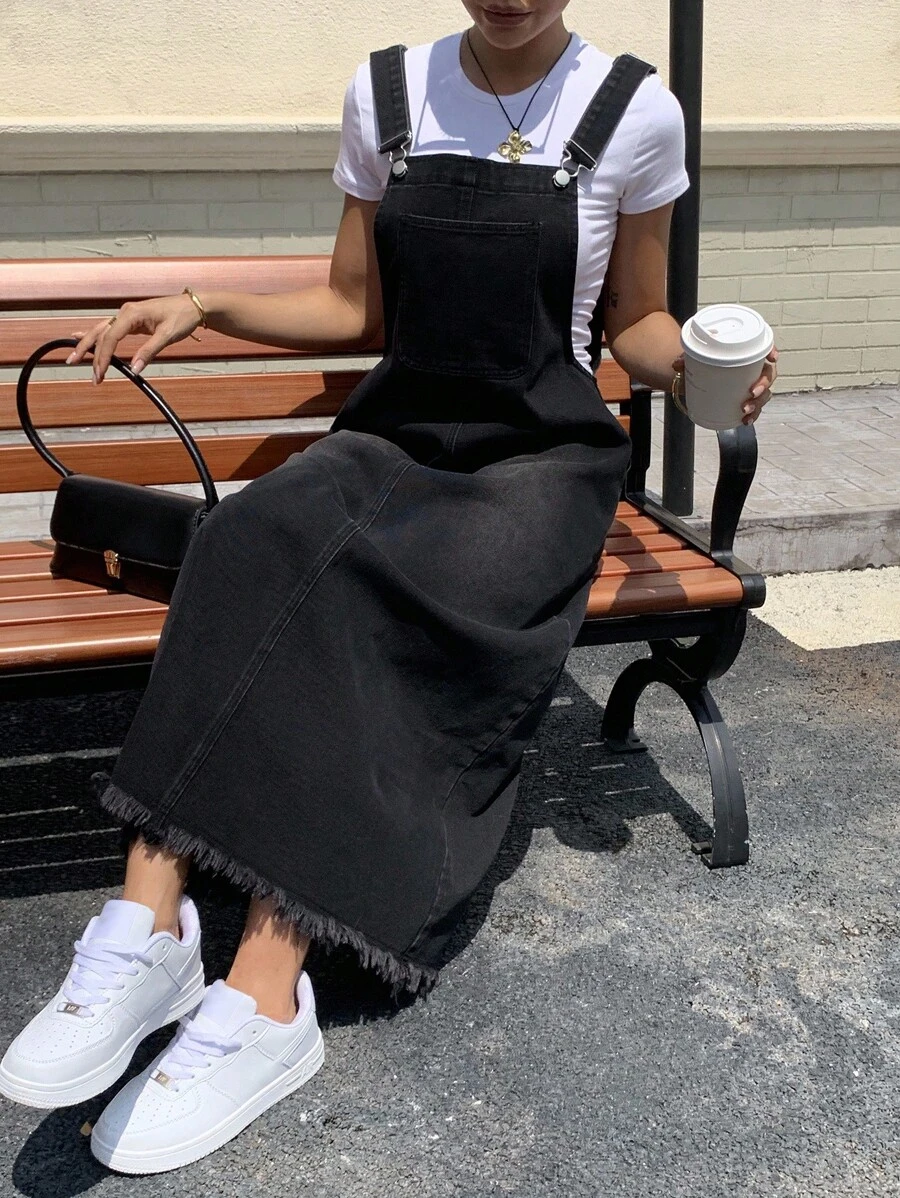 DAZY Women's Solid Color Casual Versatile Sleeveless Denim Dress - Black - View 1