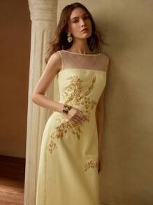 MOTF PREMIUM 女士优雅刺绣植物亮片细节撞色网眼透明育克舞会礼服 - 黃色 - 查看 6