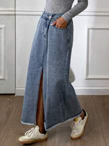 Livesso 女士夏季毛边宽松休闲牛仔半身裙 - 藍色 - 查看 5