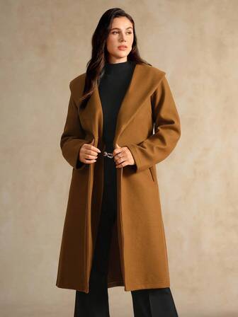 Flouryn 大码女式纯色翻领腰带系腰简约时尚大衣，秋冬