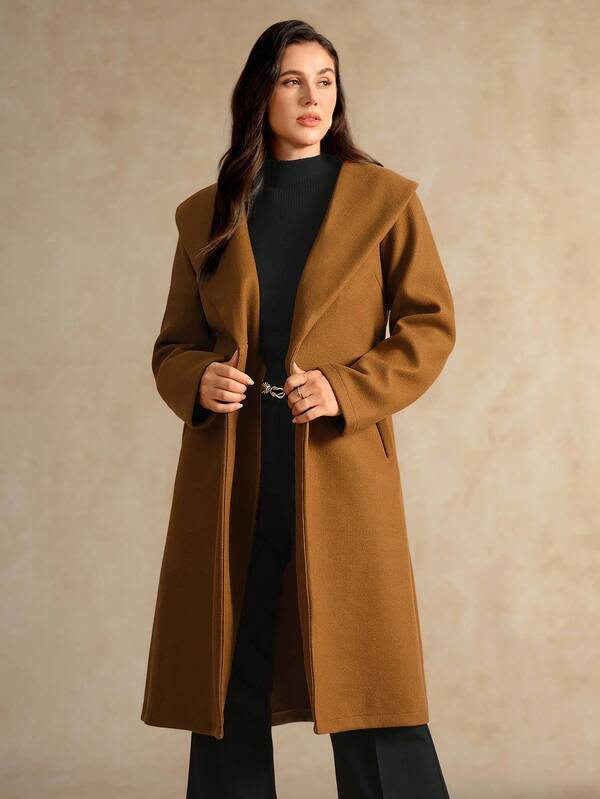 Flouryn Große Größen Damen Einfarbiger Kragen Gürtel Taillengürtel Einfacher modischer Mantel, Herbst/Winter