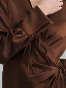 Ontre Women's Brown Autumn And Winter Wrap Dress, Lapel Long Sleeve Tie V-Neck Dress, Waist Loose Casual Commuter Brown Business Dress, Teacher Dress