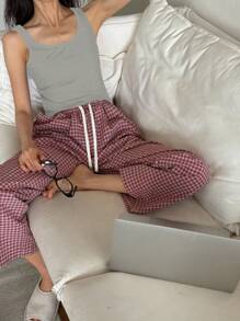 DAZY 纯色针织无袖上衣和直筒格子睡裤女士睡衣套装 - 灰色 - 查看 1