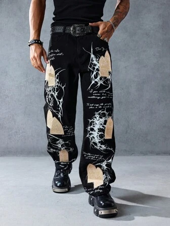 Street Life Jeans casuales rectos y holgados con bolsillo y gráfico de eslogan para hombres