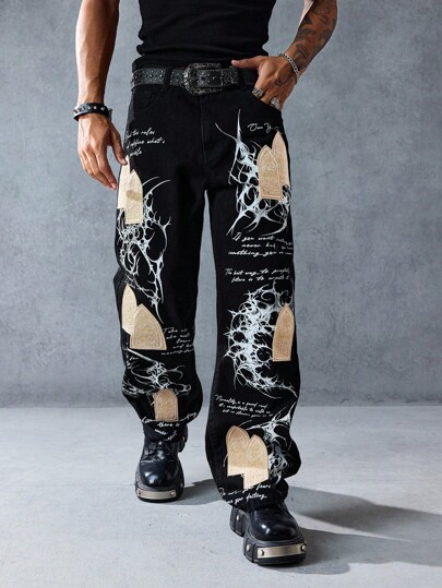 Street Life Jeans droits décontractés amples avec slogan graphique sur la poche pour hommes