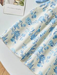 Sparklyn 2 件套花卉印花 A 字长裙，优雅，少女夏季泡泡袖，珍珠装饰领，简约风格 - 淺藍色 - 查看 3