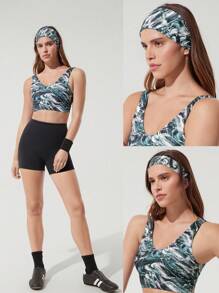 GLOWMODE FeatherFit™ 2-Pack Blue Marble Print Stretchy Soft Headband Set Gym Studio Travel Vacation Daily Active Wear - Green - View 5