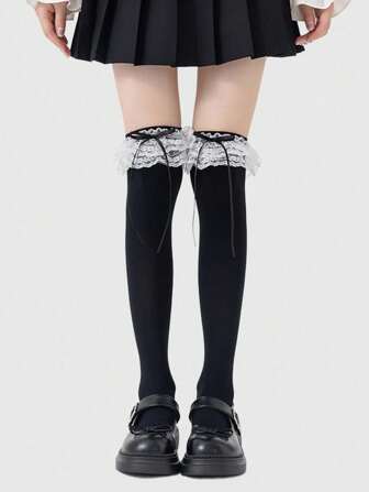 Kawaii 1 Pair Cute Ribbon Bow Over-The-Knee Socks, Lolita Solid Color Lace Trim Thigh High Socks, Daily Wear Ultra-Thin Elastic Sheer Tights