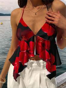 Aloruh 花卉印花深 V 露背衬衫，Y2K 风格上衣，优雅适合约会、派对、度假，适合夏季，复古