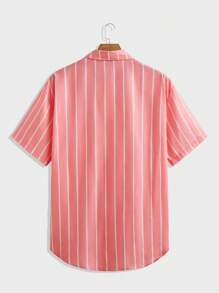 EASEVO 大码男士梭织短袖粉色条纹衬衫，适合夏季 - 粉色 - 查看 2