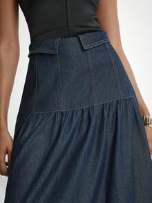 Daynim 女式休闲通勤牛仔荷叶边裙 - 深色水洗藍 - 查看 5