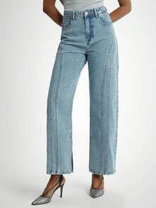 Daynim Calça jeans feminina casual com bolso de botão e perna reta - Lavagem Média - Ver 2