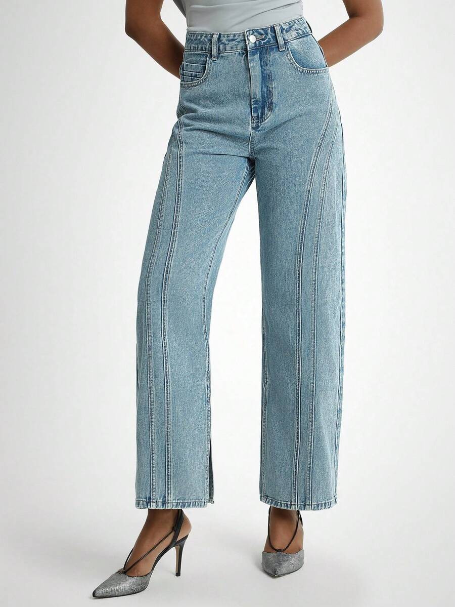 Daynim Calça jeans feminina casual com bolso de botão e perna reta