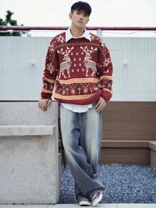DAZY 秋季男士休闲鹿纹落肩长袖针织毛衣，圣诞节 - 彩色 - 查看 3