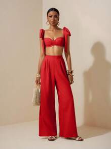 Zivah 海滩新款春夏休闲度假蝴蝶结肩带裹胸心形领短款上衣+阔腿超长裤杏色女两件套Se，纹理面料材质 - 紅色 - 查看 7