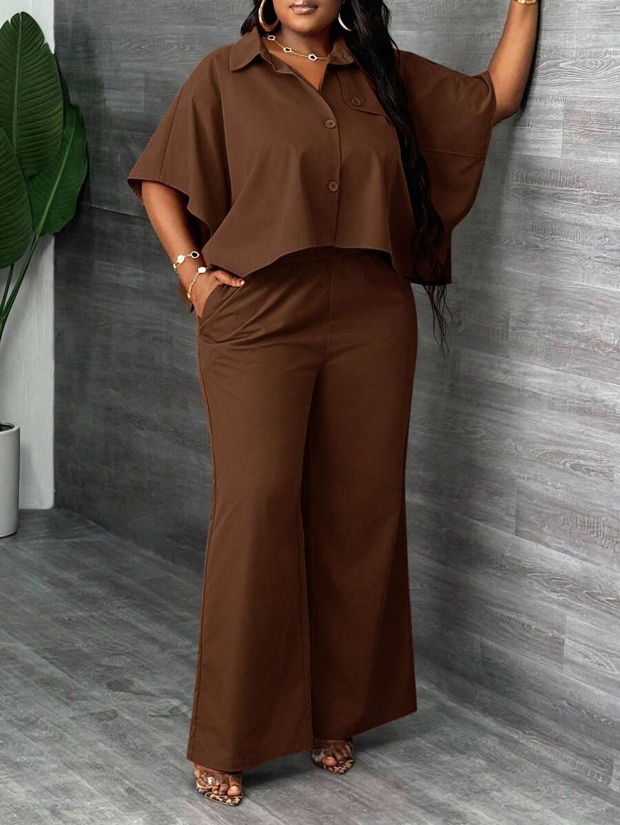 Slaydiva مجموعة قميص وبنطلون قياس كبير للنساء، لون أحادي، 2 قطعة، أنيقة وملائمة للاستخدام اليومي والتنقل - بني - مشاهدة 1