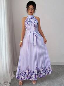 Elenzga 女式夏季优雅花卉宽松露背连衣裙 - 紫色 - 查看 6