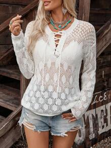 LanaWest Women's Knitted Sweater, Long Sleeve, 3D Geometric Pattern, Hollow Neckline With Drawstring Bowknot Fall Winter