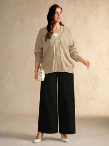 Flouryn Plus Size Elegant Commuter Solid Color Lace Trim Cardigan Fall Winter Cloth For Women Autumn - Khaki - View 5