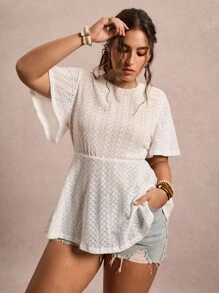 SHEIN VCAY Plus Size Casual Solid Color Textured Short Sleeve T-Shirt White Babydoll Top White Mesh Top Lace Top - Beige - View 6