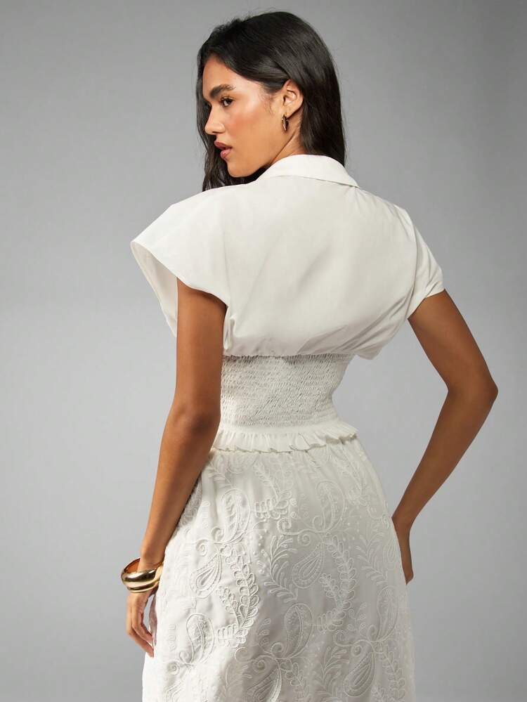 MISSGUIDED Smocked Waist Button Front Blouse Cinched Elastic Midsection Ruffled Hem Cap Sleeve Collared Victorian Style Spring Summer Casual Top