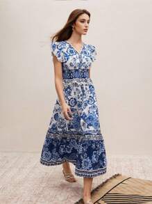 Modelyn Women's Shirred Cap Sleeve Self Tie Waist Long Floral Print Dress For Vacation, Women Casual Dress, Woman S Summer Clothes,Vacaciones Relax,Summer Dresses For Women,Vacation Outfits Woman,Bohemian Clothes,Vacation Outfits