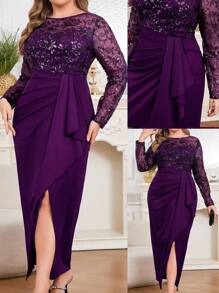 Modelyn Vestido elegante de manga larga con cuello redondo, de talla grande, con parches florales, lentejuelas y volantes de malla - Morado - Ver 2