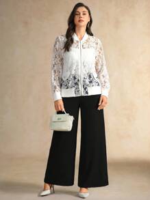 Flouryn Chaqueta bomber ligera de manga larga con cremallera, parche de encaje calado y bordado, de unicolor elegante, con solapa decorativa en el bolsillo, para mujer de talla grande, para otoño e invierno - Beis - Ver 3