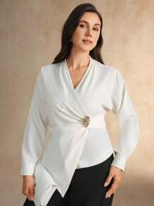 Flouryn Plus Size Elegant White Women Blouse,Metal Decor Pleated Design Long Sleeve Solid Color Versatile Top For Autumn Dinner Party Business Casual Work - Beige - View 4