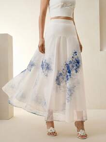 Anewsta Women's Woven Fabric Maxi Skirt In White With Blue Floral Print - Multicolor - View 4