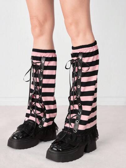 Anime Gothic Style Contrasting Stripe Lace Trim Garter With Eyelet Lace-Up, Sweet & Edgy Fashion Versatile Leg Warmers Suitable For Party, Gathering, Social Occasions, Vacation