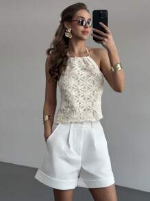 Aloruh Áo crop top hở lưng cổ yếm màu trơn dành cho nữ, đi biển mùa hè, kỳ nghỉ nhiệt đới - trắng - Xem 5