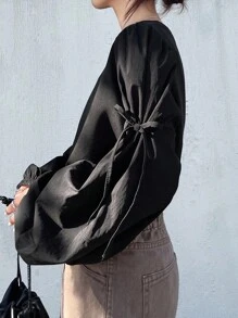 FRIFUL 女士纯色圆领蝴蝶结装饰灯笼袖宽松运动衫黑色衬衫系带前衬衫泡泡袖衬衫系带袖衬衫灯笼袖上衣秋冬 - 黑色 - 查看 1