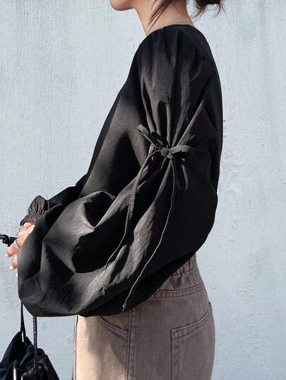 FRIFUL Women's Solid Color Round Neck Bow Decor Lantern Sleeve Loose Sweatshirt Black Blouse Tie Front Blouse Puff Sleeve Blouse Tie Sleeve Blouse Lantern Sleeve Top Fall/Winter