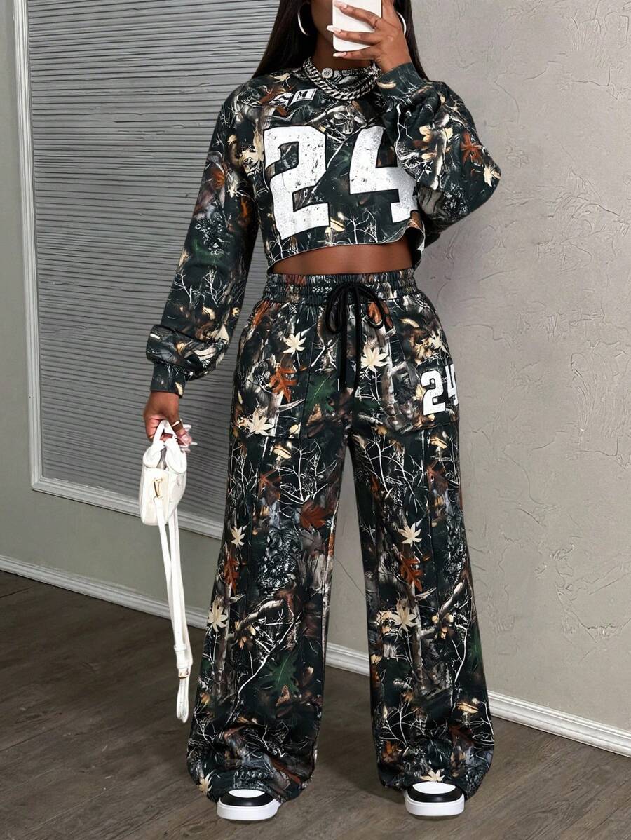 Slaydiva 女士两件套休闲街头风格树枝24数码印花宽松运动服，春夏季 - 彩色 - 查看 1